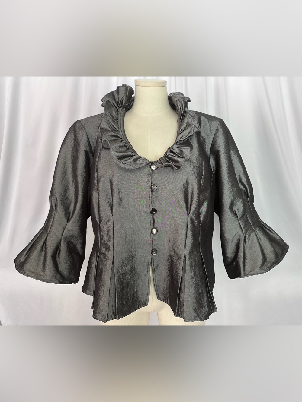 Nicolette Women’s Metallic Gray Ruffle Jacket Bell Sleeve Button Front (1415)